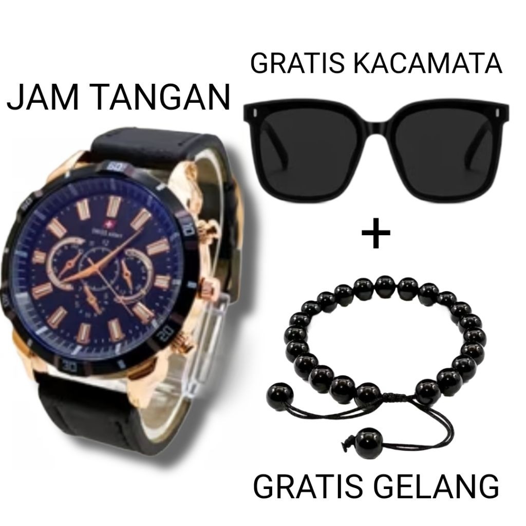 Paling Laris... Jam Tangan Pria Tali Kulit Free Kacamata & Gelang Keren Bisa COD