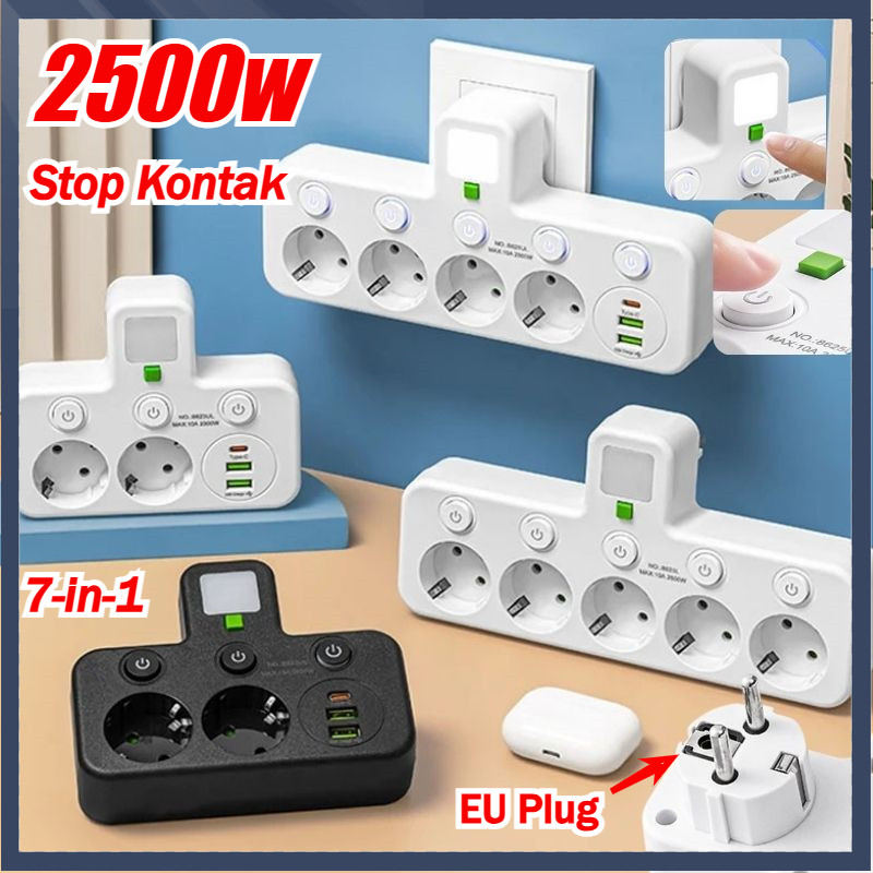 [COD] 2500W Power Strip Wall Socket Stop Kontak 7IN1 Stop Kontak Multi Outlets Expander EU 3 Power S