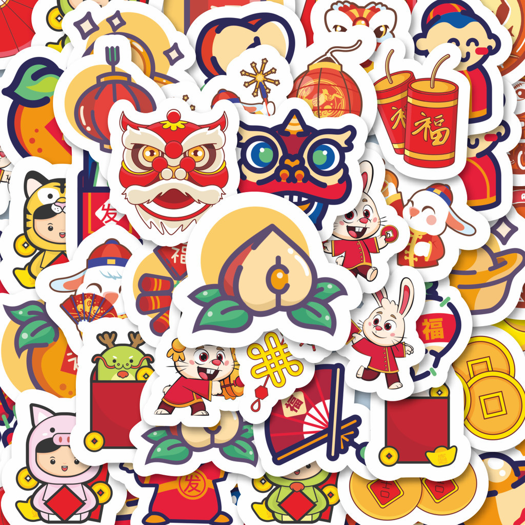 

100PCS Lucu Stiker Hari Raya Imlek Stiker Aesthetic Stiker Anti Air Stikers Berperekat Waterproof sticker decal buat Motor Helm Buku Journal Koper Casing HP Laptop Botol Minum Hadiah anak