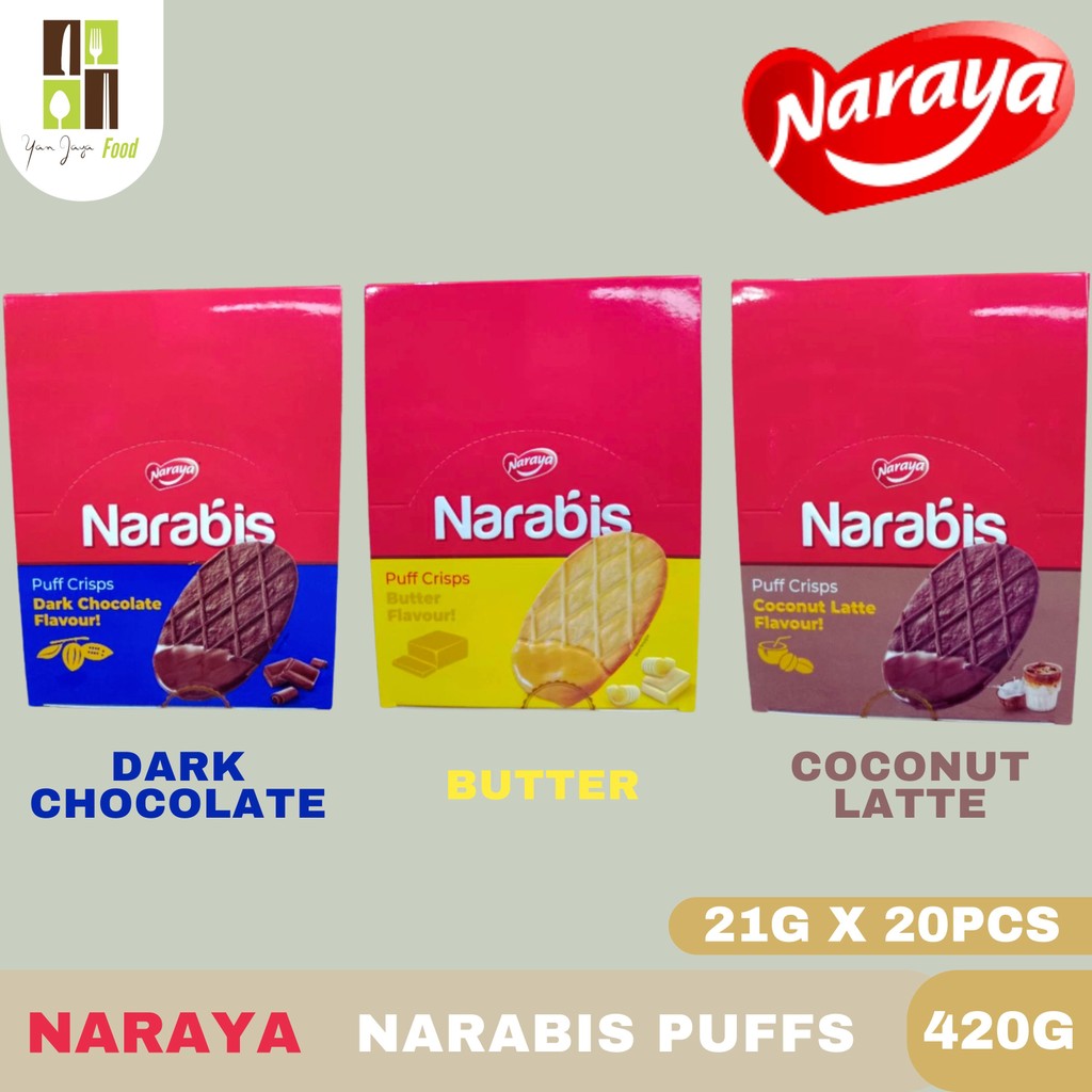 

Naraya Narabis Puff 21g -1BOX/20PCS [420G] / Puff Crips / Butter / Coconut Latte / Chocolatte / Biskuit / Cookies / Snack Import