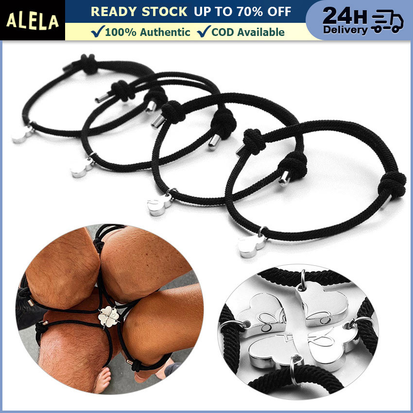 Gelang Tali Persahabatan Couple Pasangan Magnet Bracelet Liontin Clover 4 Pcs