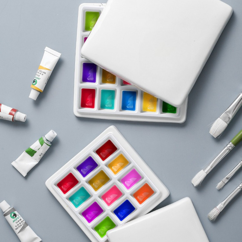 

12/20 Well Ceramic Palette Square with Cover Easy To Clean and Easy To Carry for Acrylic Watercolor Painting Color Mixing