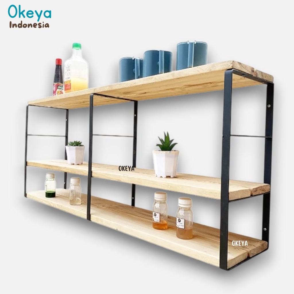 Rak Gantung TIG 1 Meter Tempel Gantung Ambalan Susun Tingkat 3 Dapur Besi dan Kayu Penyimpanan Alat 