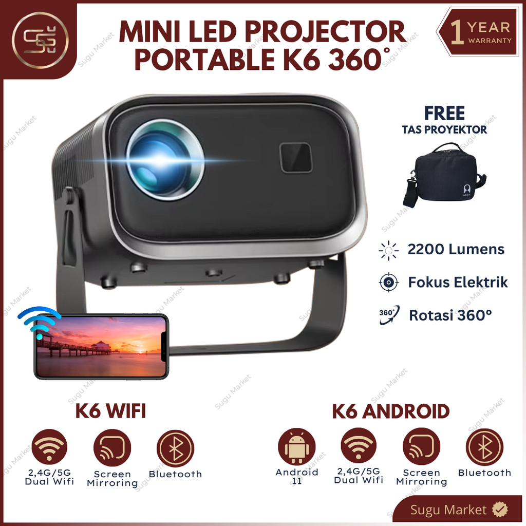 Aera Smart Proyektor Wifi K6 Android Wifi 2500 Lumens  Proyektor Mini Portable  Full HD 1080P Mirror