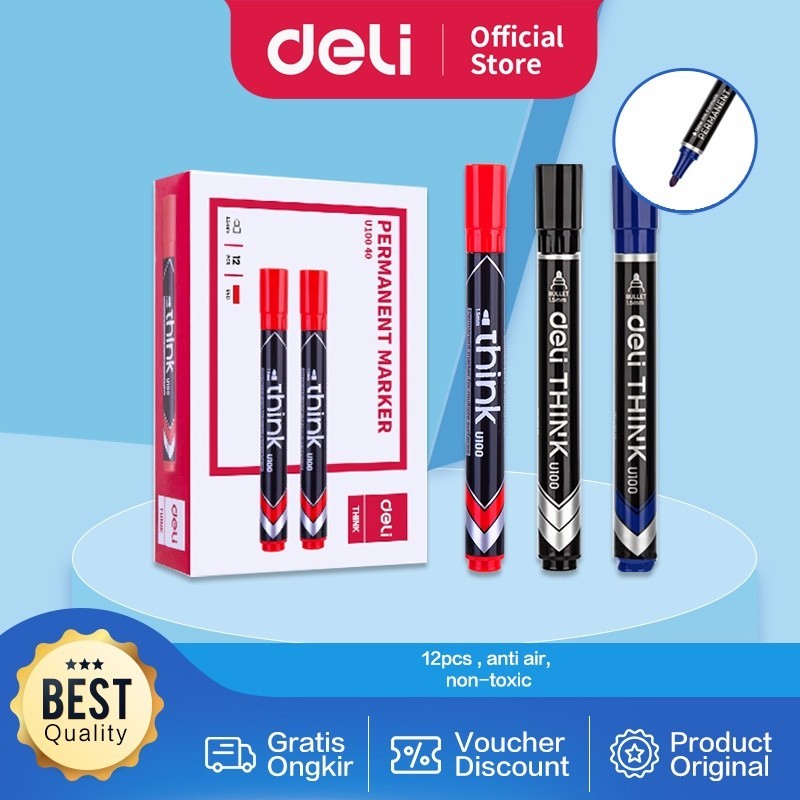 

Deli EU10020 Permanent Marker Spidol Permanen Bullet 1.5mm Black, Tahan Air & Cepat Kering