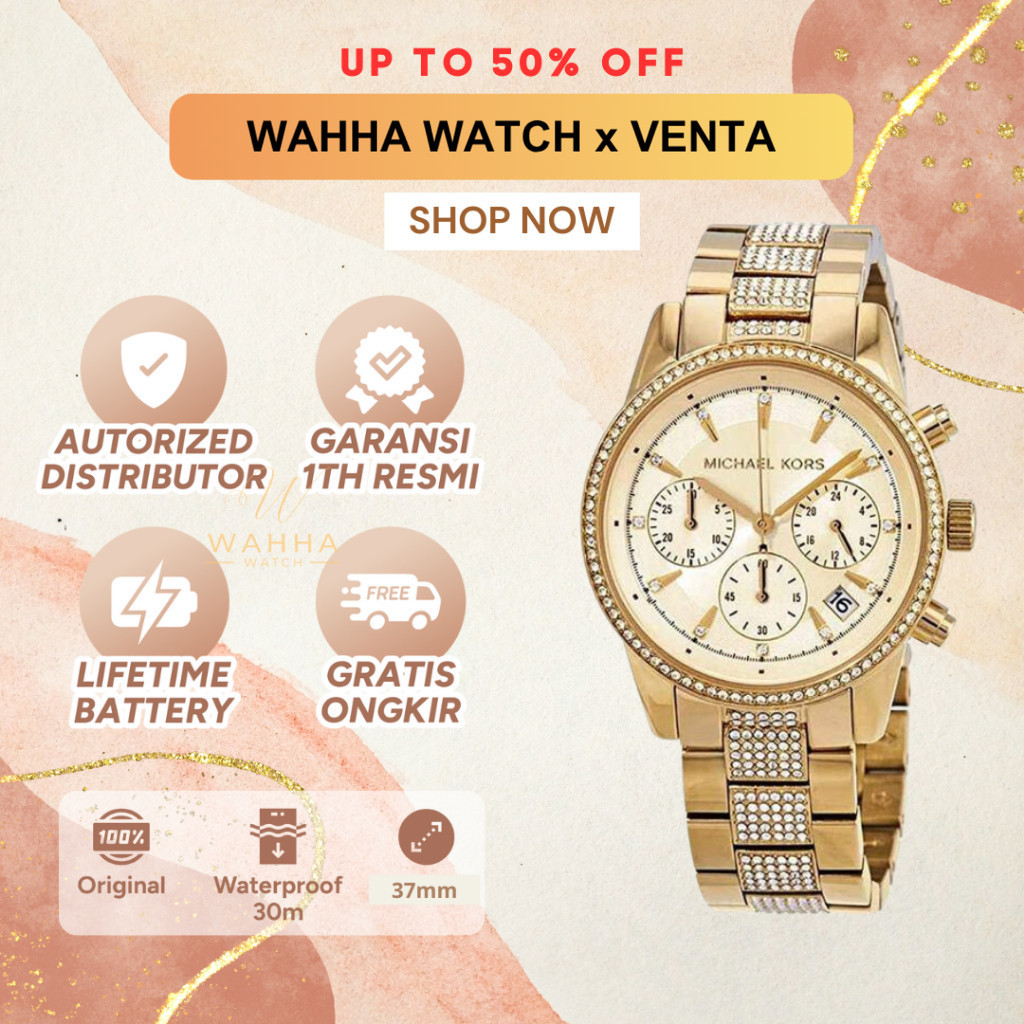 Jam Tangan  MK 6484 Women's Ritz Pave Chronograph Crystal Gold Dial Watch [BERGARANSI]