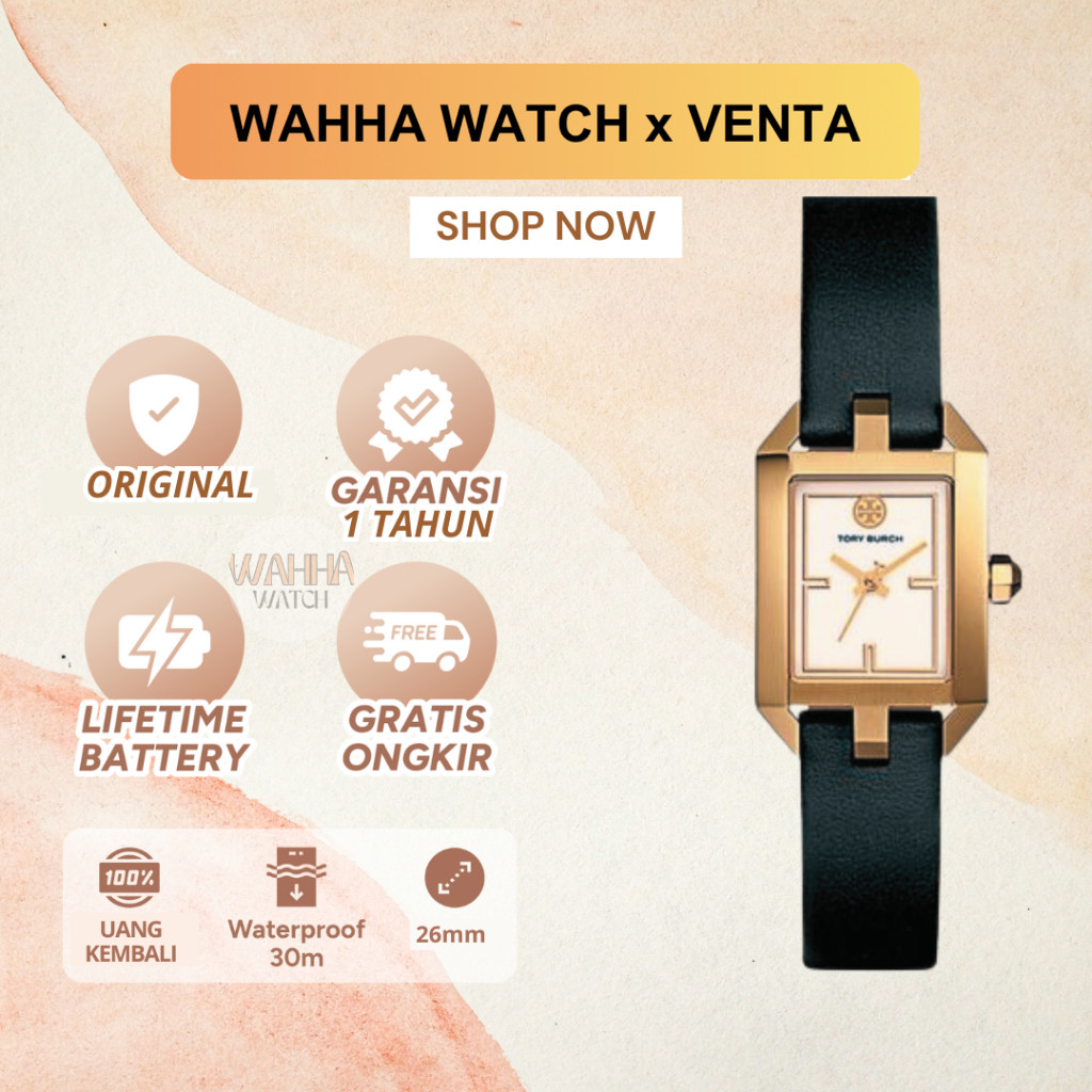 Jam Tangan Wanita Tory Burch TBW1106 / TBW-1106 Black Leather Rose Gold Tone  [BERGARANSI]