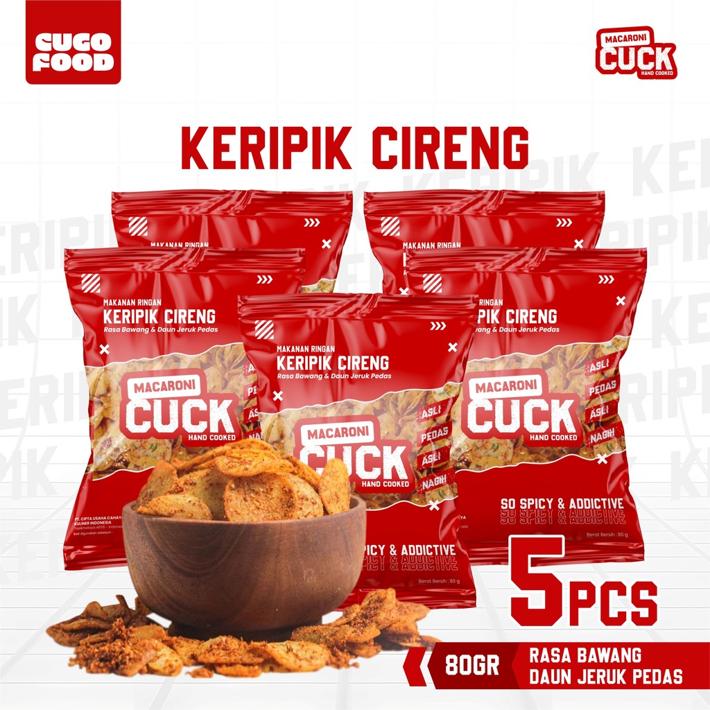

Macaroni Cuck Keripik Cireng Moring Pedas 5 pcs x 80gr Kemasan Reguler Rasa Pedas Daun Jeruk