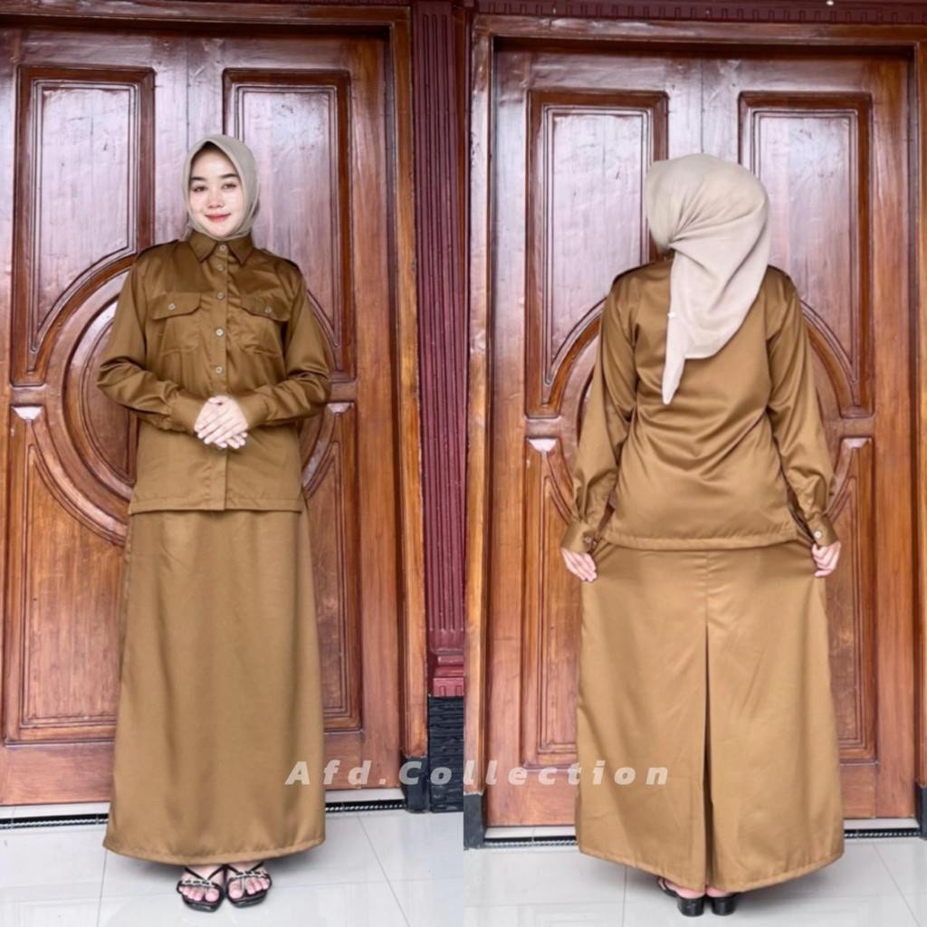 FOPE.DUSTYZ Seragam PNS setelan pemda khakki tua wanita model saku dada rok span rempel terbaru 2025
