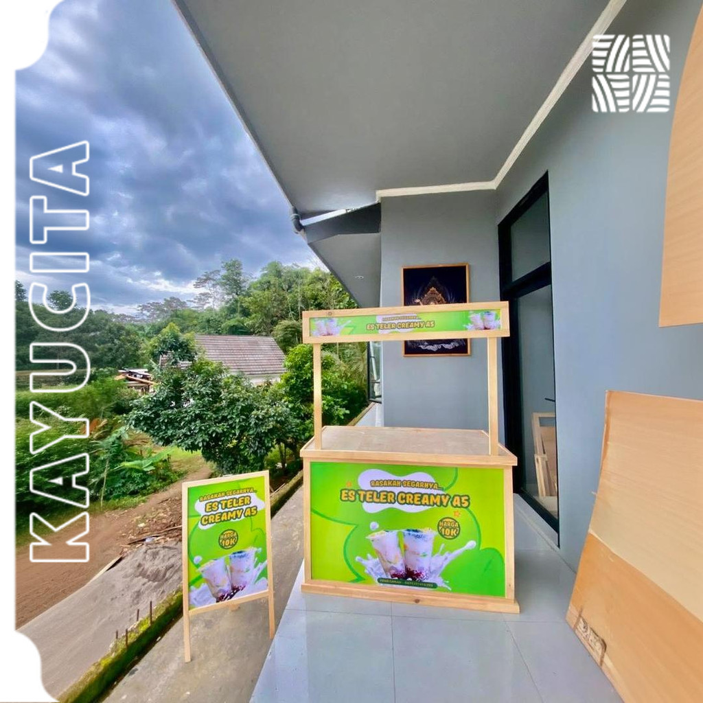 Booth Portable Lipat Kayu Pinus Premium – Meja Usaha Jualan Food & Minuman + FREE Desain Banner Cust