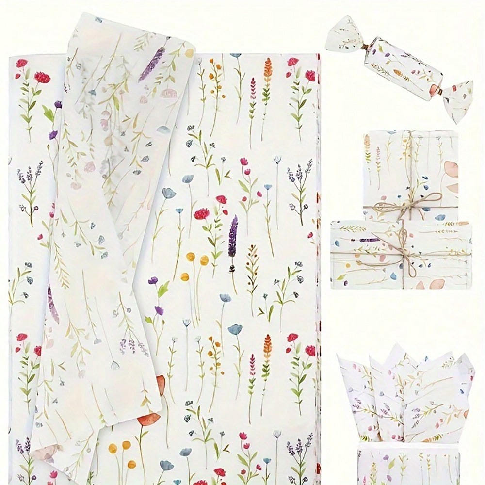 

50sheets Lavender Wrapping Paper, Wildflower Printed Art Deco Tissue Paper For Wedding Gifts Engagement Packaging