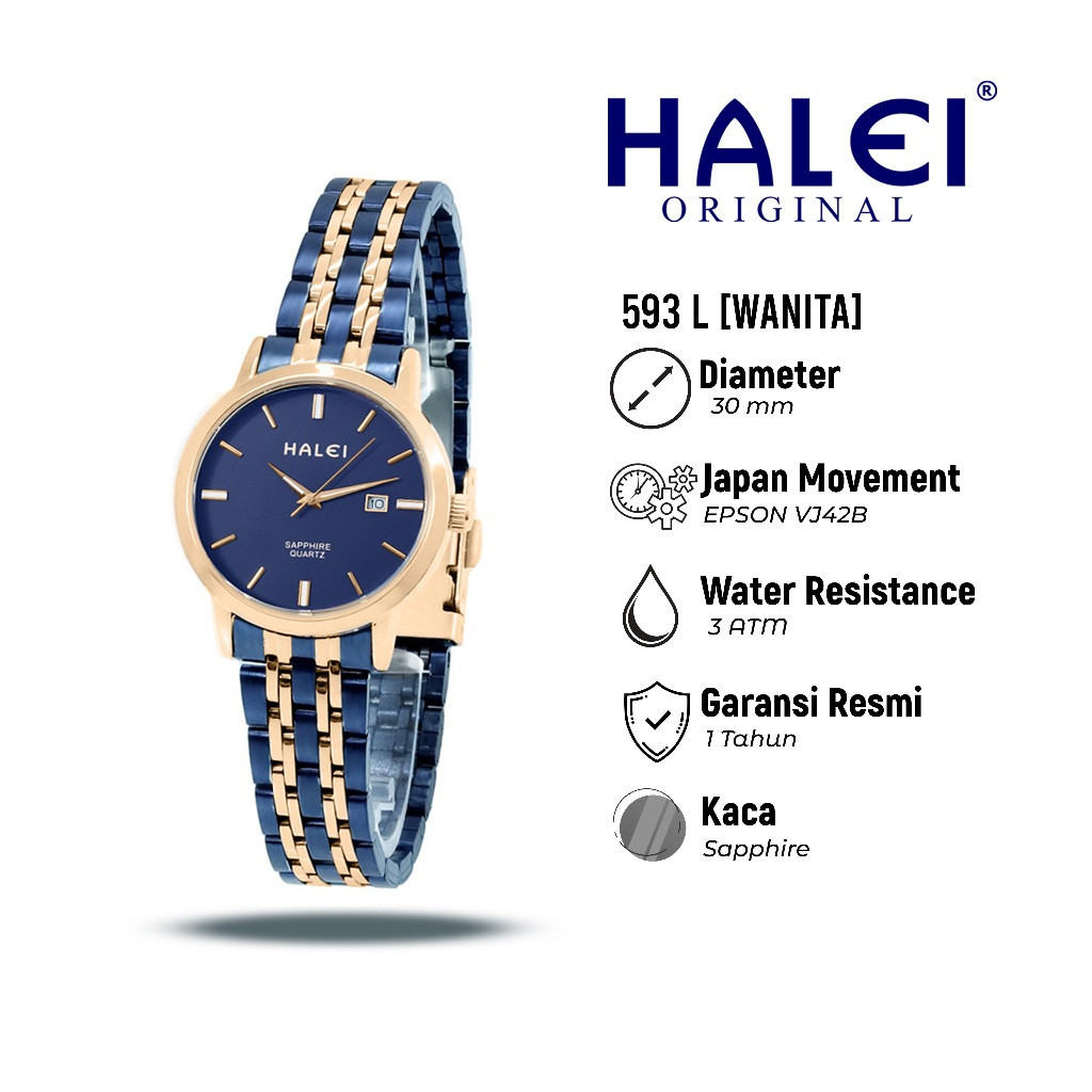 HALEI IND 593 L - Bergaransi Jam Tangan Wanita Kecil Elegan Anti Air Rantai Stainless Ada Tanggal
