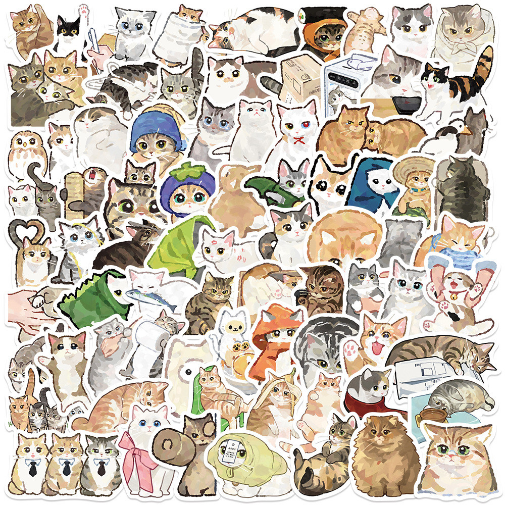

77Pcs Hand Drawn Cartoon Cat Cute Graffiti Sticker Helmet Luggage Computer Phone Skateboard Guitar Waterproof Sticker