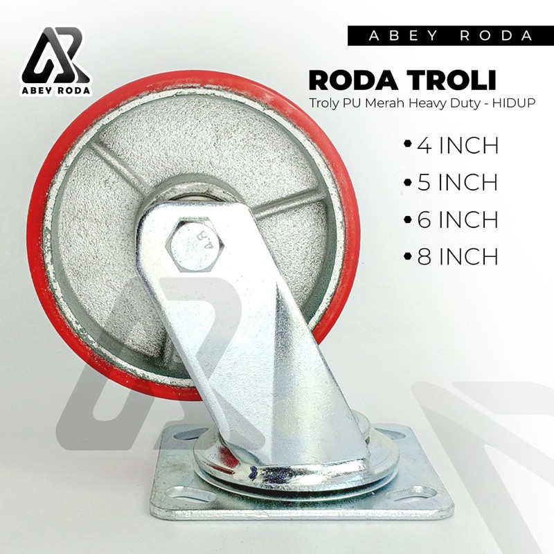 Roda PU Troli Heavy Duty Merah 5 Inch (Hidup)