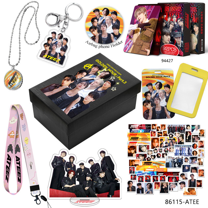 

Kpop Ateez Gift Box World Tour Peripheral Small Gift Box Lomo Card Zinc Alloy Necklace Card Set Pendant Stationery Set