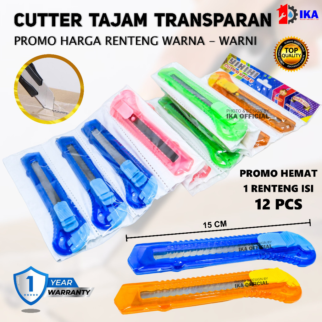 

SAB Pisau Cutter Ukuran Besar 12pcs Tajam 18mm Transparan Warna Warni Perlengkapan ATK untuk unboxing paket