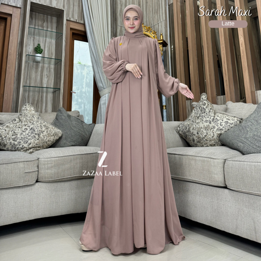 Zazaa Label - Sarah Maxi Gamis Hijab Polosan Bahan Ceruty Non Busui Lengan Balon Pesta Mewah