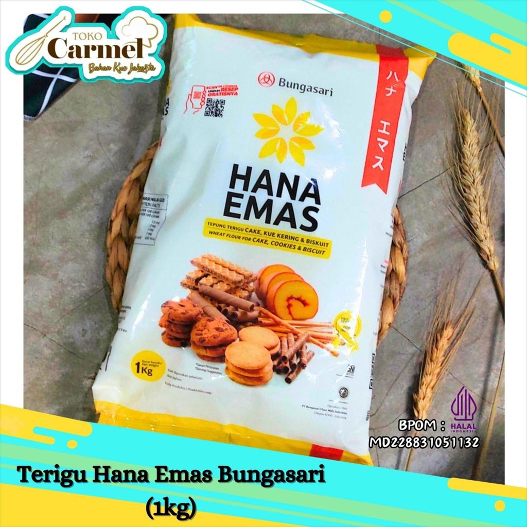 

Tepung Terigu Hana Emas 1kg Bungasari - Tepung Protein Rendah untuk Kue Kering Cookies