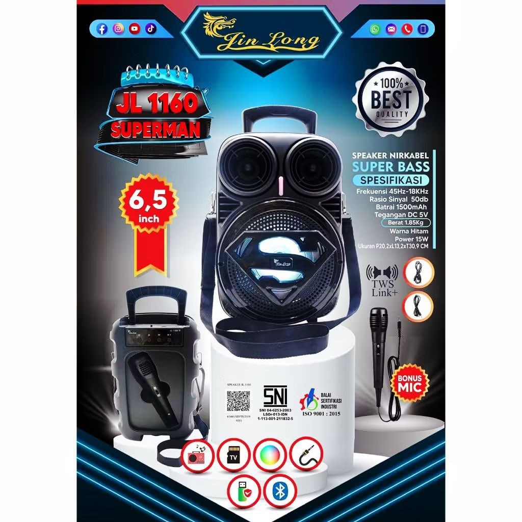 SPEAKER 6,5" INCH + MIC JINLONG SUPERMAN JL 1160 SUPER BASS RADIO TAPE SNI