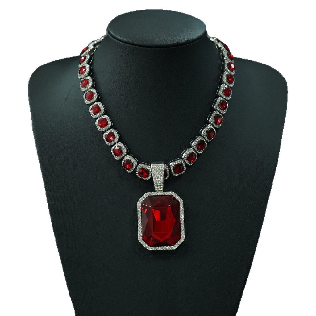 Paduan batu permata merah baru liontin gula batu permata merah kalung pasangan tren hip hop rantai K