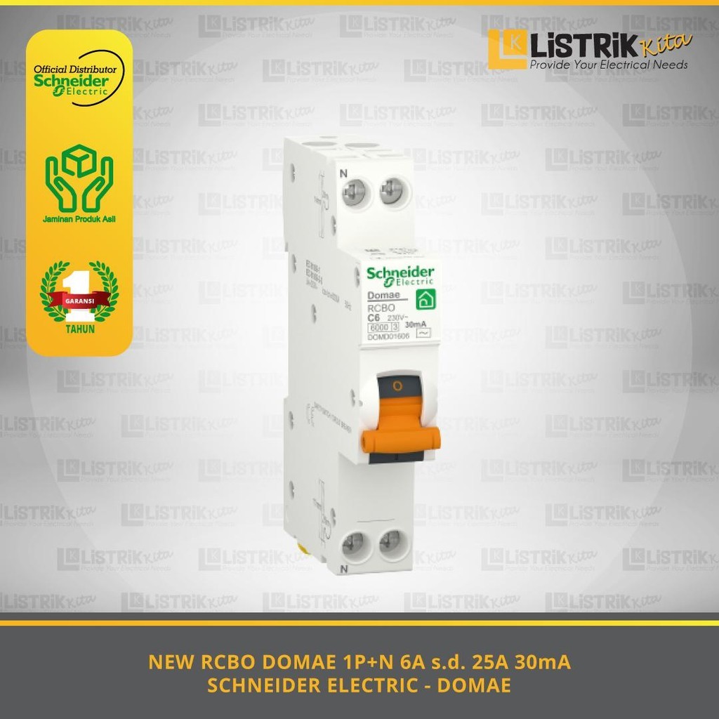 RCBO SCHNEIDER ELECTRIC DOMAE 1P+N 6A/10A/16A/20A/25A 30mA AC 6kA Kurva C - DOMD016**