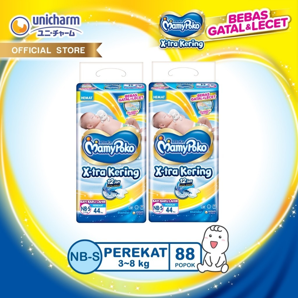

NEW MamyPoko X-tra Kering - NB-S 44 - Popok Perekat Newborn Bayi Baru Lahir - 2 Packs PREMIUM