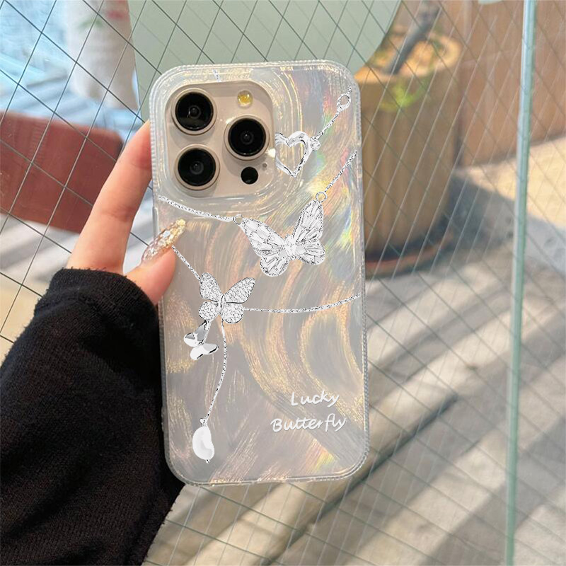 Casing ponsel Benang Bulu Butterfly Kalung  aesthetic case untuk Casing Ponsel Apple iPhone 15 14 13
