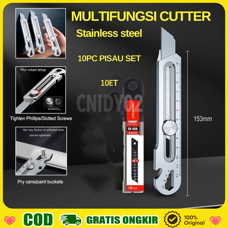 

【COD】Cutter Stainless Steel 6in1 Pisau Cutter 18mm Multifungsi Cutter pisau baja besar Pisau Set Cutter Pisau Pemotong Kertas