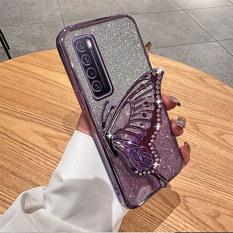 Casing HP Huawei Nova 7 / Nova 7 SE / Nova 7i berlian mengkilap Cairan Bening Berdiri kupu-kupu brak