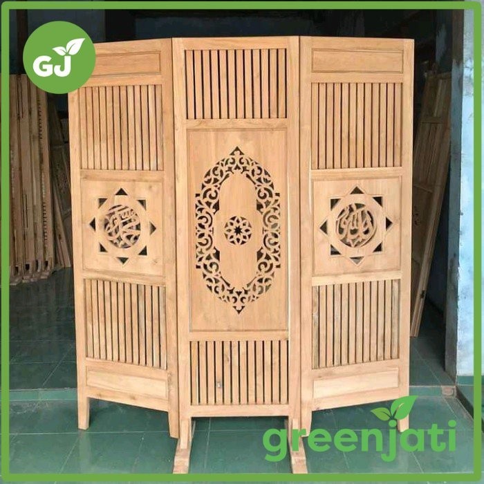 Sketsel sekat Ruangan 3 Pintu Motif Kaligrafi Minimalis Kayu Jati
