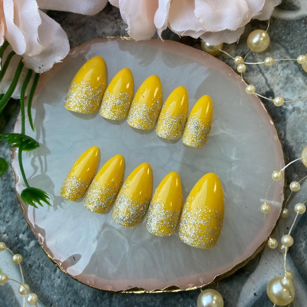 Kuku palsu + lem| Nail press on kuning glitter| Fake nails premium Vol A5