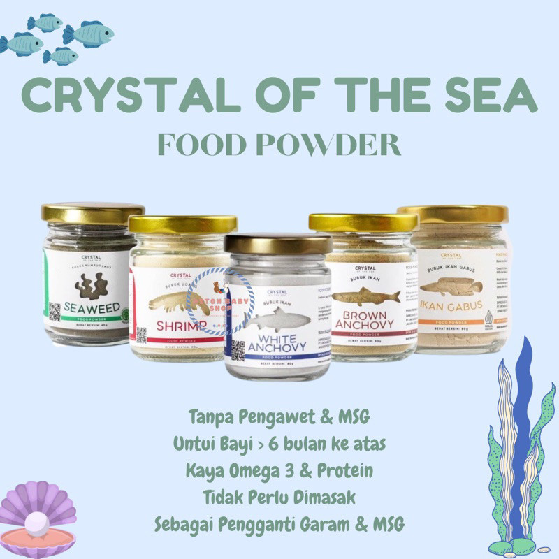 

Crystal Of the Sea / White Anchovy / Brown Anchovy / Shrimp Powder/ Salmon 20gr / Bubuk Udang Teri Kaldu MPASI Bayi