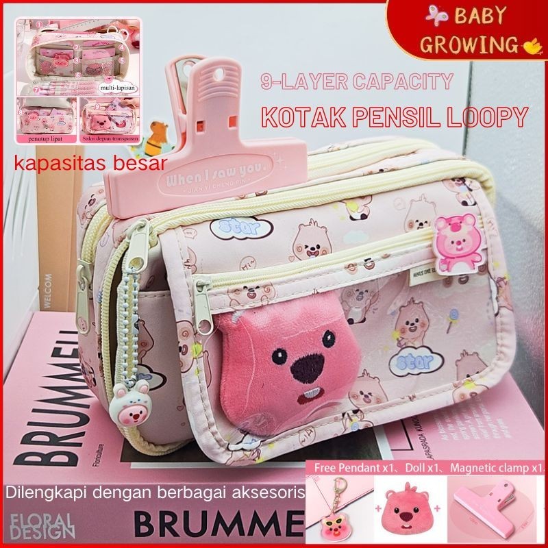 

Tempat pensil pencetakan motif loopy merah muda / penyimpanan partisi 9 lapis / tas alat tulis berkapasitas besar Gratis boneka dan klip