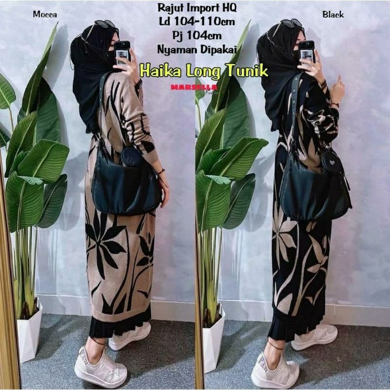 Haika Long Tunik Rajut Import Stretch Motif Daun Premium