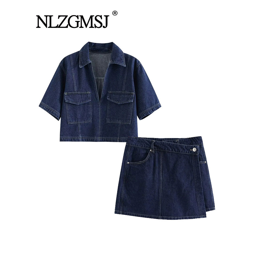 

TRAF 2024 Women's Fashion Flip Pocket Decoration Short Flip Collar Slim fit denim Top + Asymmetric Denim Skirt 2 Piece Set