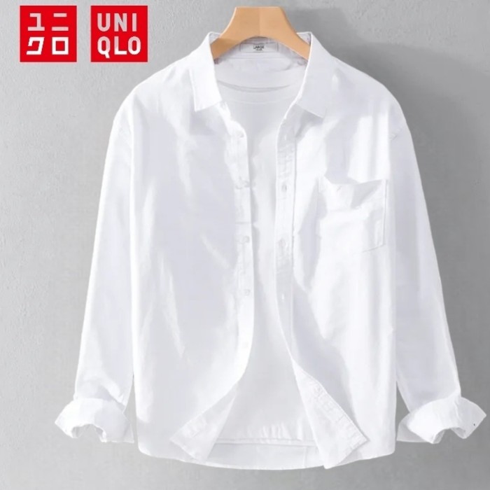 UNIQLO Kemeja Putih Panjang Pria Casual Slimfit - Putih, L
