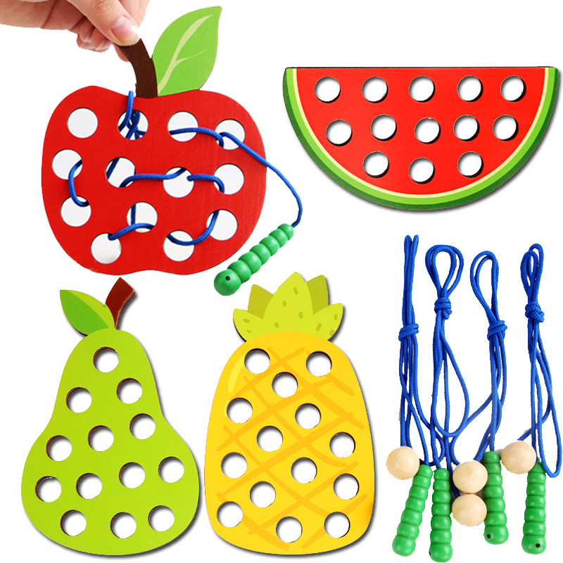 

Wooden Lacing Toy Educational Fruits Threading Activity Puzzles Learning Fine Motor Skill Car Travel Toy Set for Toddlers Kids