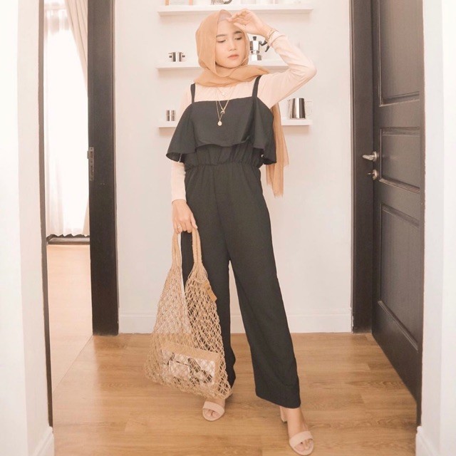 Jumpsuit Polos Hitam Layer Overall Lebaran Celana Panjang Terusan Wanita Z2