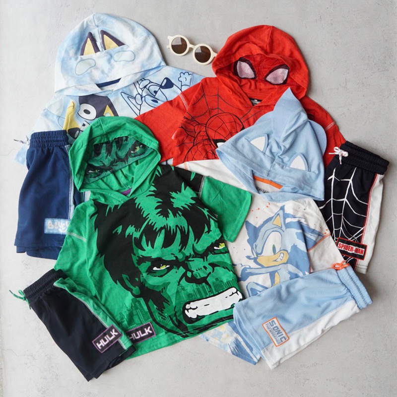 BD56YH Kids Character Hoodie Tee & Shorts Set | size 4-10y | spiderman bluey sonic hulk | setelan ka