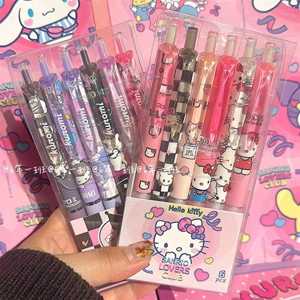 

KT Cat Kuromi menekan pena gel/1 pak berisi 6 pulpen gel kartun/pena gel mekanik pola lucu-（0,5mm hitam）