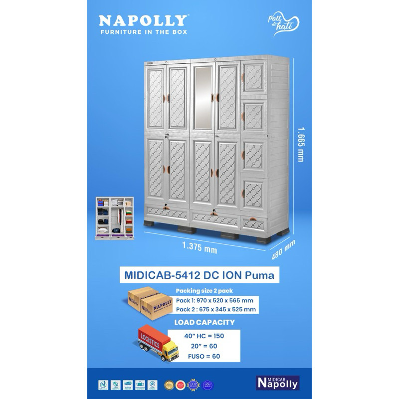 Lemari Pakaian Napolly 5412 DC ION / Lemari Baju 5 Pintu Plastik Minimalis