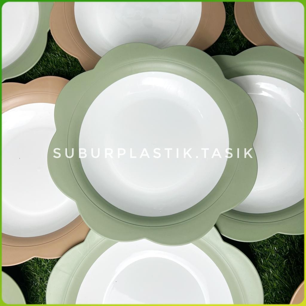 [6 & 12 pcs] Piring Bunga Asia Pacific Plastik Tebal Hijau Coklat 10 inch Besar |  Piring Sajian Mak