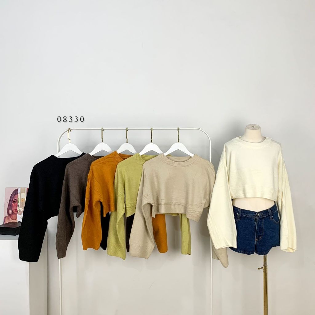 SWEATER RAJUT CROP OVERSIZE LENGAN PANJANG WANITA BASIC ATASAN RAJUT POLOS WANITA KERAH O NECK PREMI