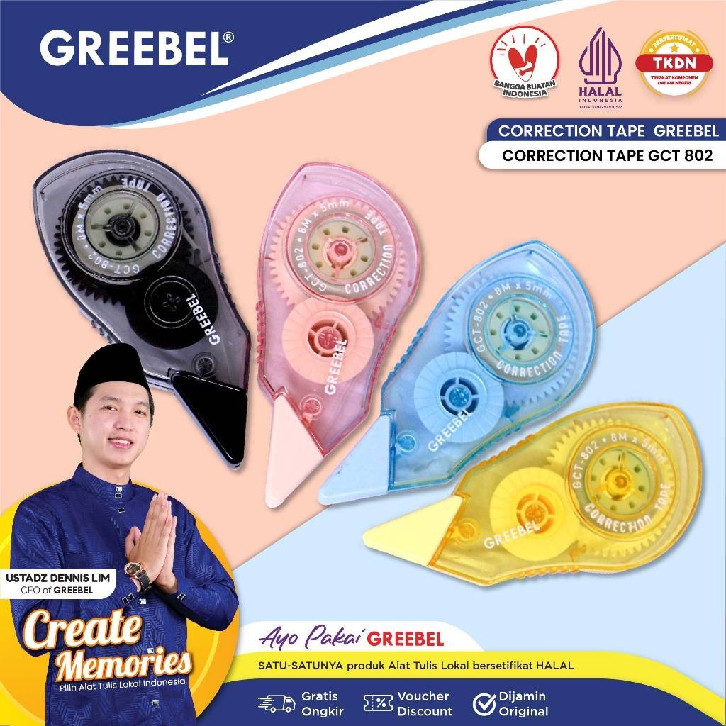 

GREEBEL Correction Tape GCT-802 Pastel Lucu / Tip-ex Kertas Roll, Tipe X Kertas pulpen, Pita Koreksi, Tip X
