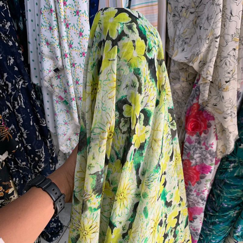 kain - kain bahan motif - kain chiffon yoryu bunga matahari - kain sifon yoryu motif bunga