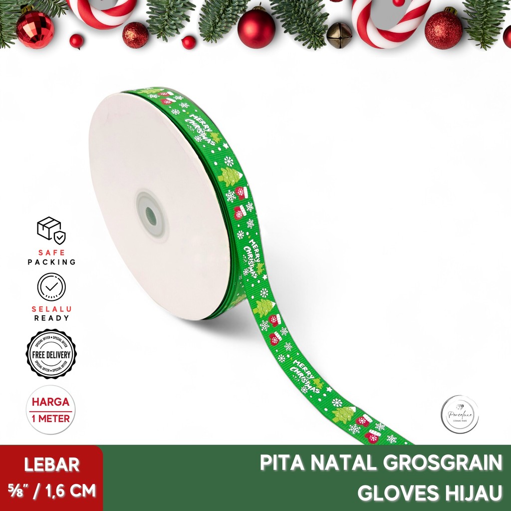 

Pita Hiasan Kado Natal Merry Christmas Gloves Grosgrain Hijau 1,6 cm Harga Per Meter