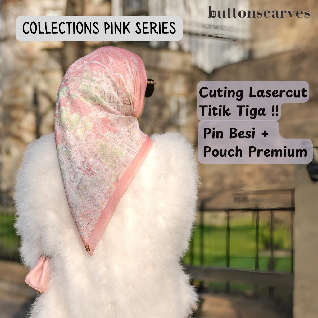 Jilbab Pink Buttonscarves Sale | Kerudung Segi Empat Motif Terbaru | Hijab Buttonscarves Kw