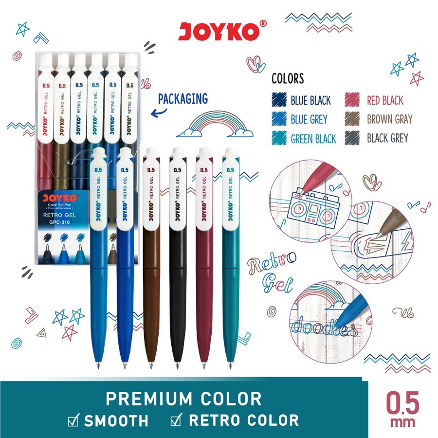

Color Gel Pen Pena Jel Warna Joyko GPC-316 Retro Gel 6 Warna 0.5 mm