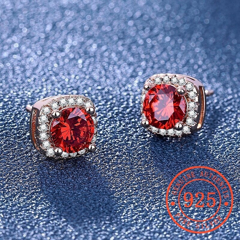 HuaLen Anting Pejantan Emas Sampanye Merah 18K Delima Untuk Wanita
