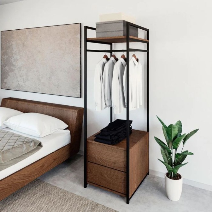 Kombinasi Nakas dan Gantungan Baju Kekinian | Material Besi & Kayu Jati - Bedside Table | Mebel Jepa